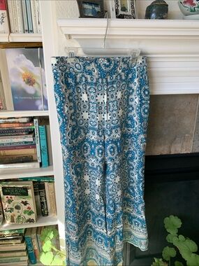 Feather Bone by Anthropologie Blue and White Paisley wide leg pants